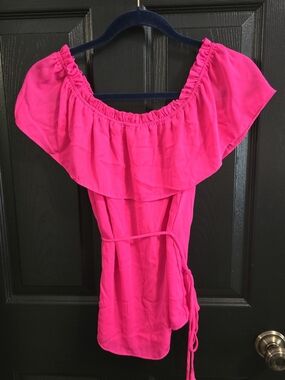 Naked Zebra Off-the-Shoulder Ruffle Tunic in Hot Pink